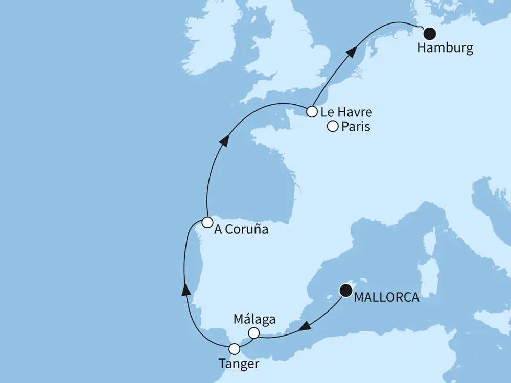 Mein Schiff Flow Angebot der Woche Europas Westk�ste - ab Palma/bis Hamburg - Routenbild